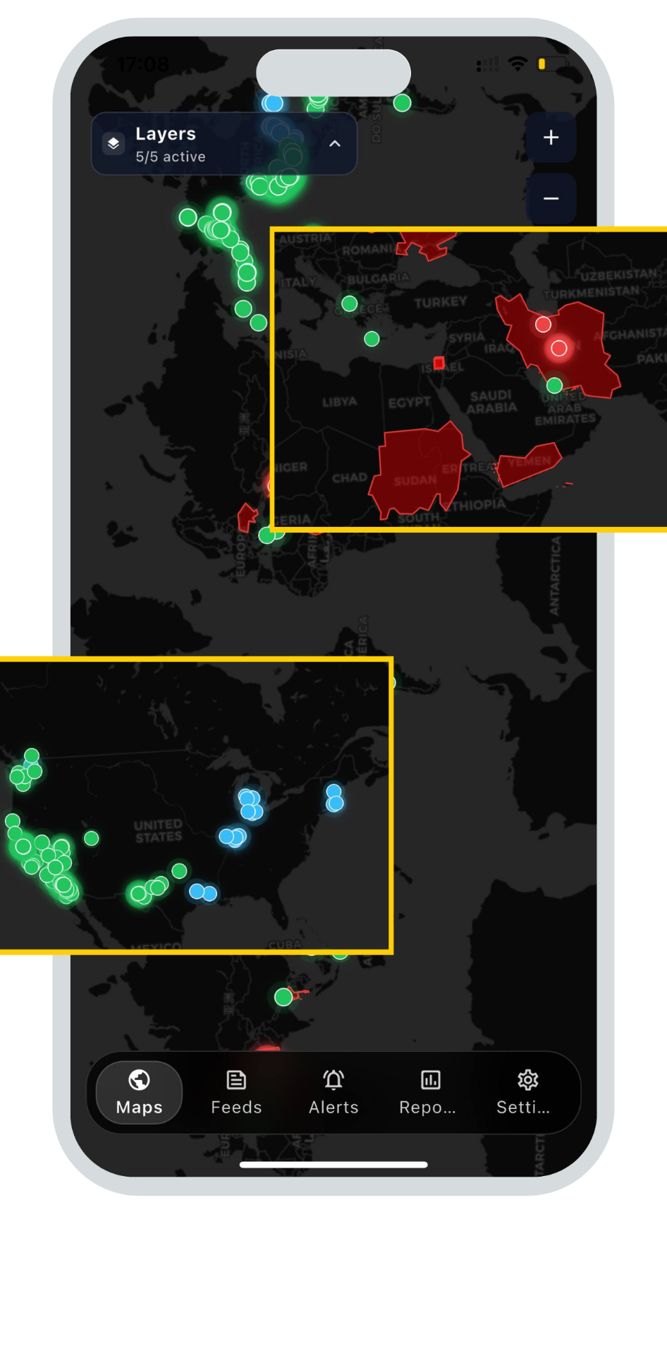 Interactive world map in AI World Monitor app